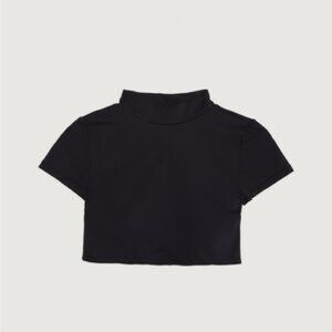 Oak + Fort Black Mock Neck Cropped Top | Short Sleeve Minimalist | Size S